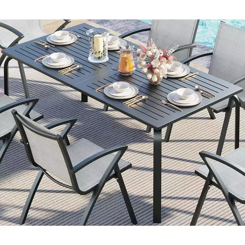 71 Aluminum Patio Dining Table, Outdoor Aluminum Patio Table, Slatted Top & Umbrella Hole, All-Weather Black for Backyard, Garden, Lawn