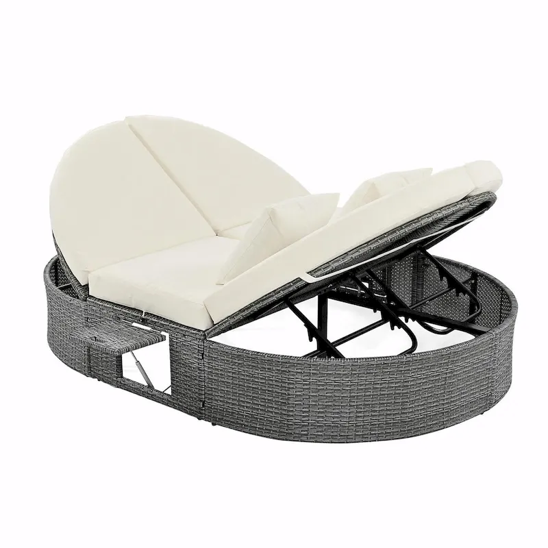 Rattan Patio Daybed with Cushions, Reclining Chaise Lounge, Foldable Trays