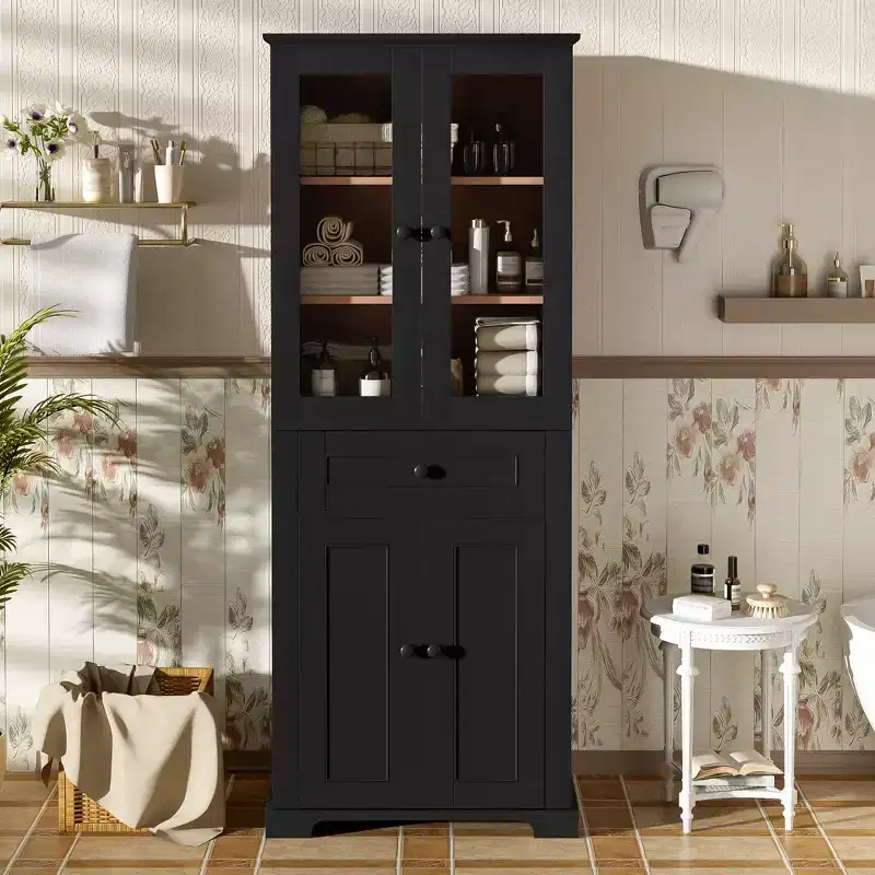Whisen 67.2 Tall Bathroom Storage Cabinet with Tempered Glass Doors, Adjustable Shelves & Drawer, Soft-Close