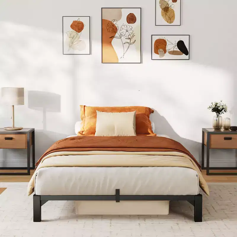 Metal Twin Size Bed Frame for Bedroom, Heavy Duty Sturdy Bed Frame with Storage Space, Easy Assembly, No Box Spring Needed, Black, 14 Inch, Twin