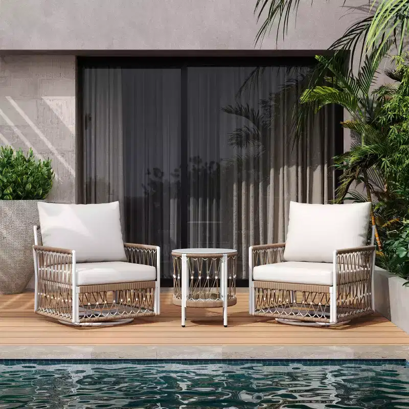 Modern Boho Outdoor Furniture Set, 3-Piece Swivel Patio Chairs with Steel Frame & Glass Side Table for Backyard or Poolside-Panipeachy