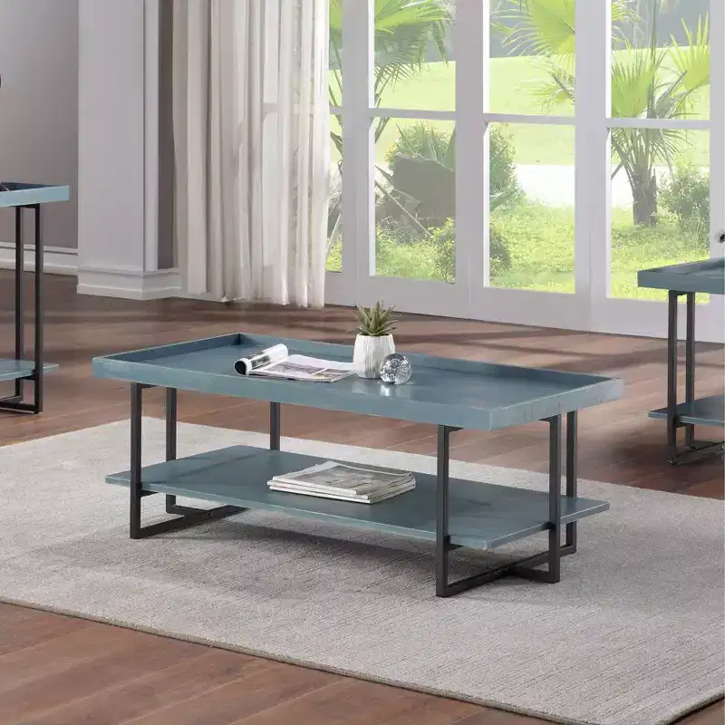 Rectangular Coffee Table with Open Shelf in Blue & Black