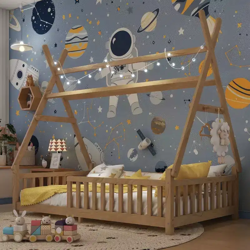 Okak Twin/Full Size House Roof Floor Bed Frame with Fence & Decor Lights,Modern Student Bed for Bedroom,Kids Room,Playrooms
