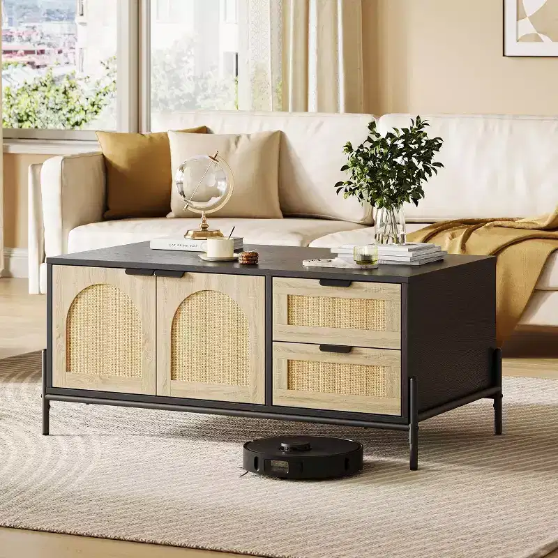 Farmhouse Rattan Coffee Table with 2 Drawers, Storage Cabinet & Open Shelf, Metal Frame Rectangle End Table Black & Oak