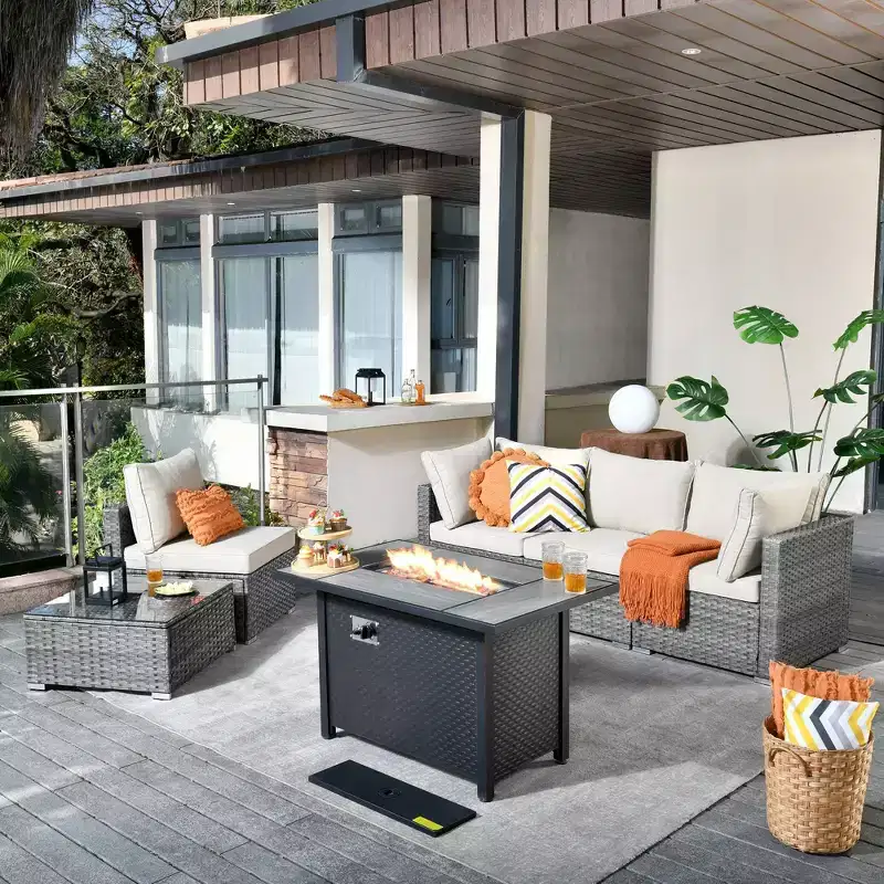 Venice 6pc Wicker Outdoor Patio Furniture Set Conversation Sofa with a Metal Fire Pit and Cushions