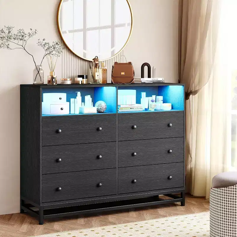 6 Drawers Wood Dresser for Bedroom with Open Shelves,47 Inch Wide,Charging Station