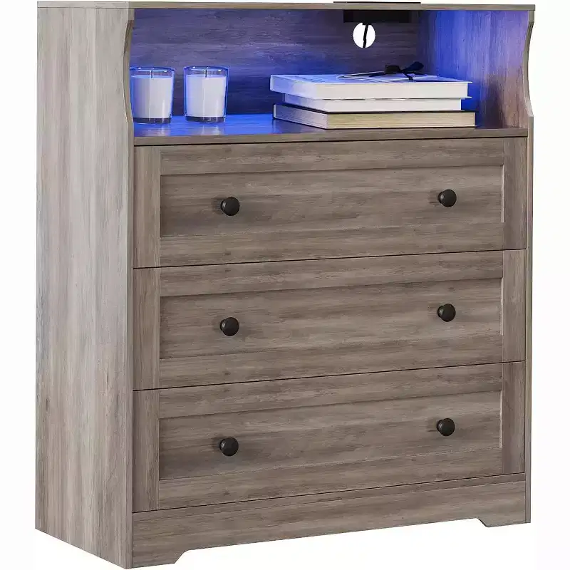 31.5 Wide 3-Drawer Dresser, with Open Storage Shelf for Living Room, Antique Light