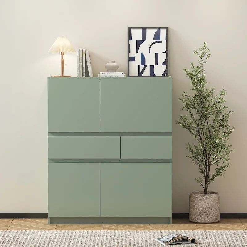 Green Wooden Storage Cabinet with 4 Doors and 2 Drawers