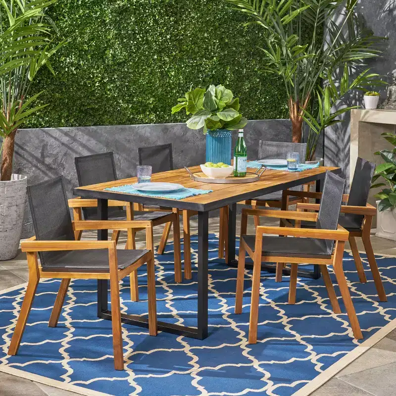 Christopher Knight Home Castano Outdoor Mesh and Acacia Wood 7-Piece Dining Set, Teak/Black