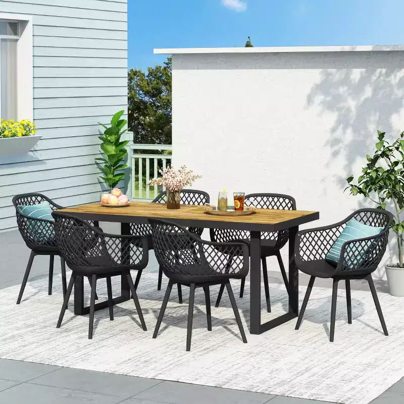 Christopher Knight Home Renata Outdoor Acacia Wood and Resin 7 Piece Dining Set with 70.25 Dining Table, Black/Teak
