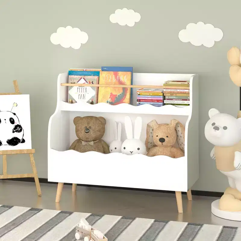 White Two-Tier Kids Bookshelf with Wavy Compartments & Wooden Legs
