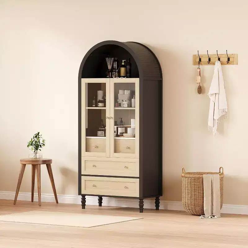 Kitchen Pantry Cabinet, Arched Bookshelf Bookcase China Pantry Storage Cabinet with Drawers Doors, 70Tall Food Pantry for Living Room, Dining Room
