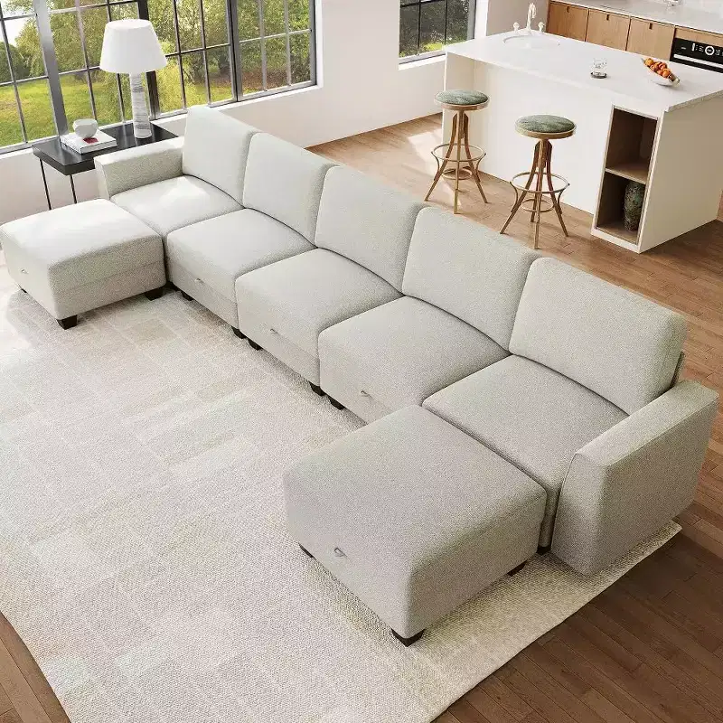 140 Modular Sectional Sofa - U-Shaped Corduroy Couch with Storage Ottomans (Grey)
