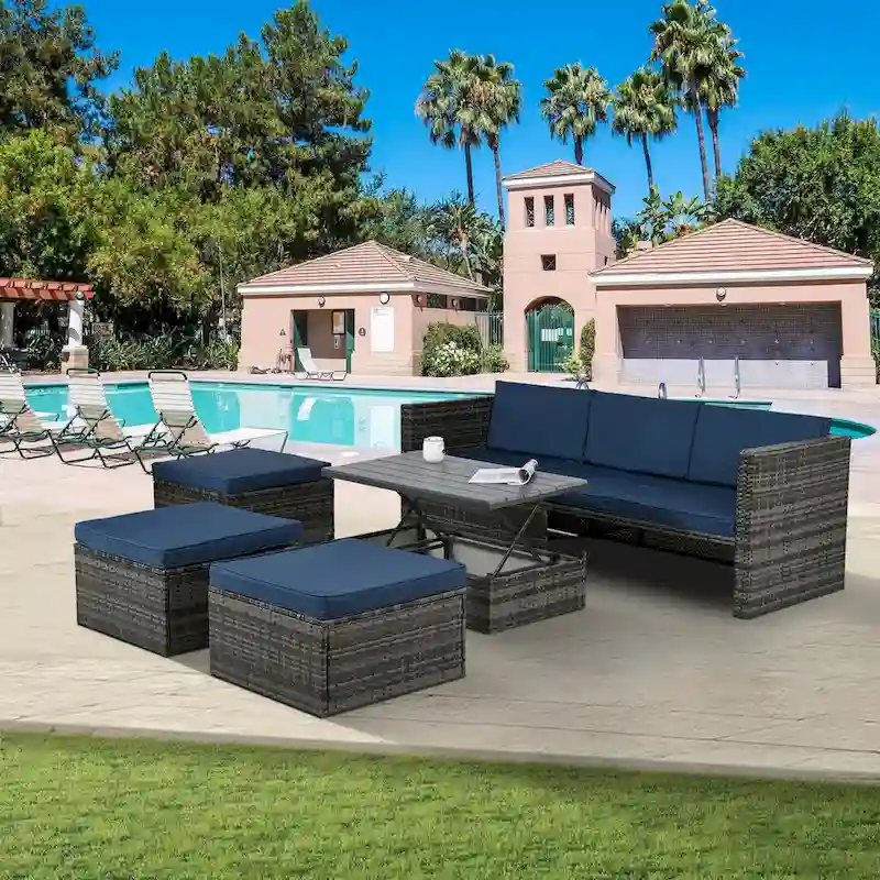 Patio Outdoor Furniture,Seasonal PE Wicker Furniture,5 Set Wicker Furniture,Plywood lift TOP Coffee Table,with Lounger Sofa