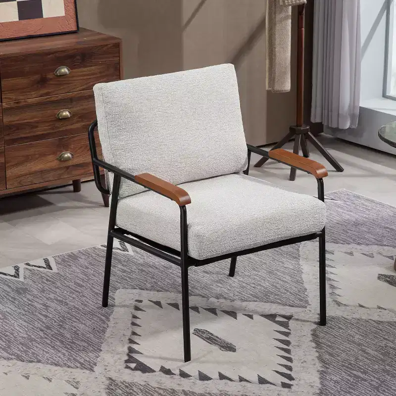 23-Inch Modern Accent Chair with Natural Wood Armrests, Upholstered Reading Chair with Black Metal Frame Lounge Chair for Living Room and Bedroom