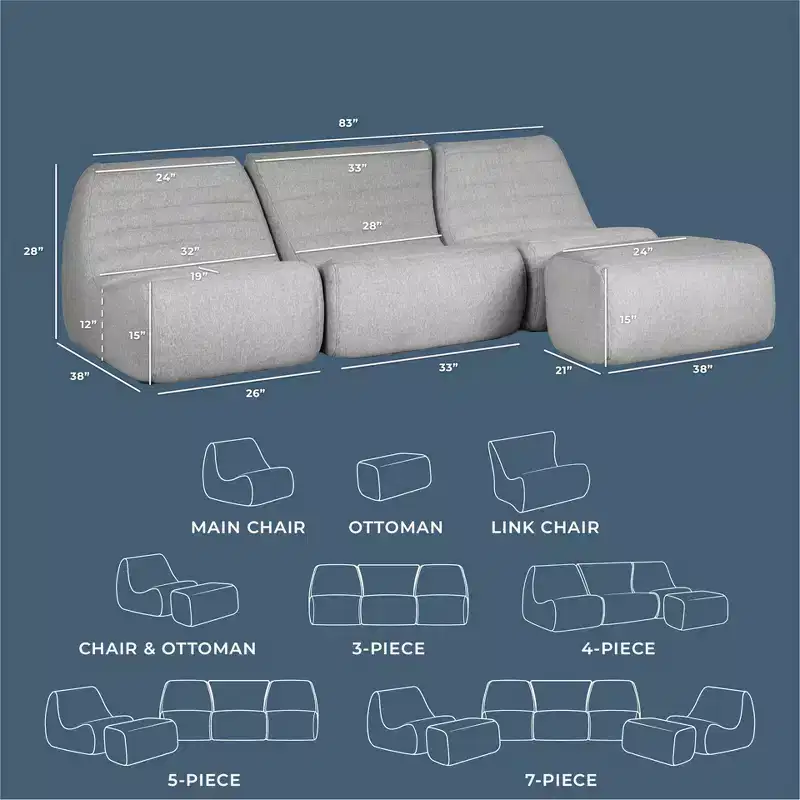 Big Joe Solvana Outdoor Patio Furniture Set, Performance Linen Weather-Resistant Fabric Sofa, 4 Piece Sectional, Port Gray