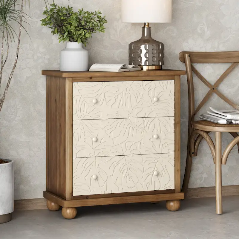 COZAYH Rustic Farmhouse 3-Drawer Nightstand with Leaves Pattern Carved, Vintage French Country Dresser Chest Accent Cabinet