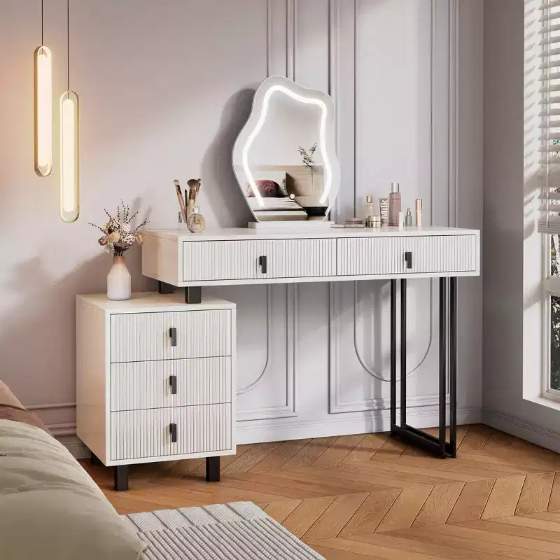 Adjustable Modern Vanity Table with Cloud LED Mirror, Ribbed Texture Makeup Desk with Drawers & Side Cabinet for Bedroom & Small Spaces