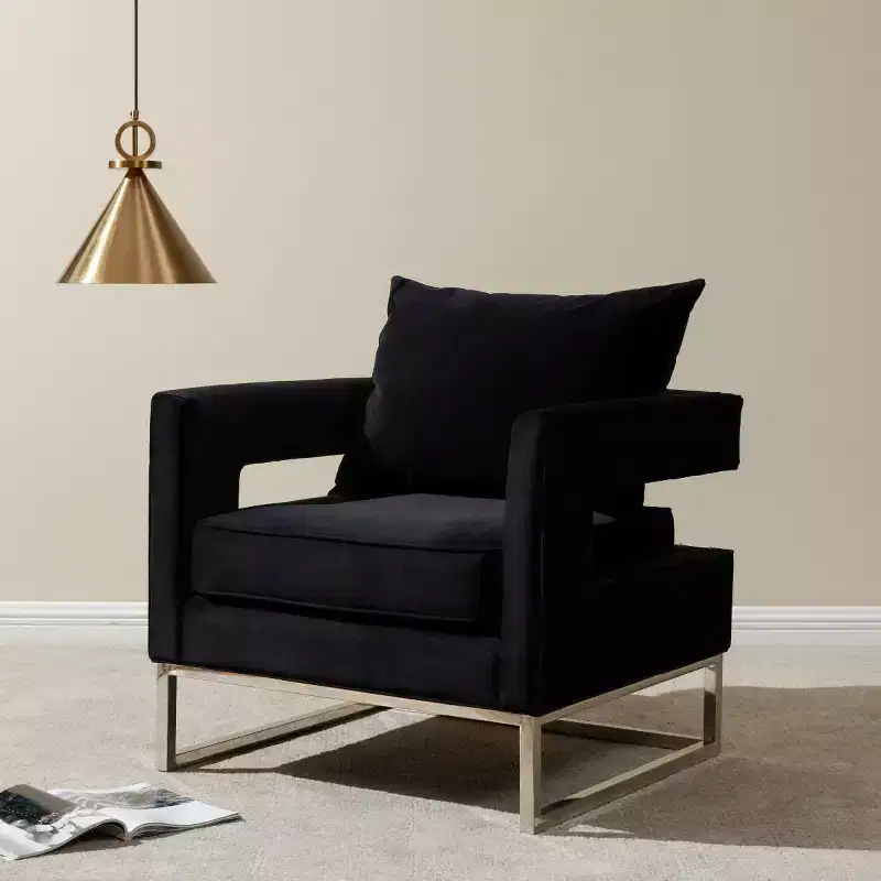 Upholstered Club Chair, Black & Chrome Cotton Accent Chair for Living Room or Bedroom