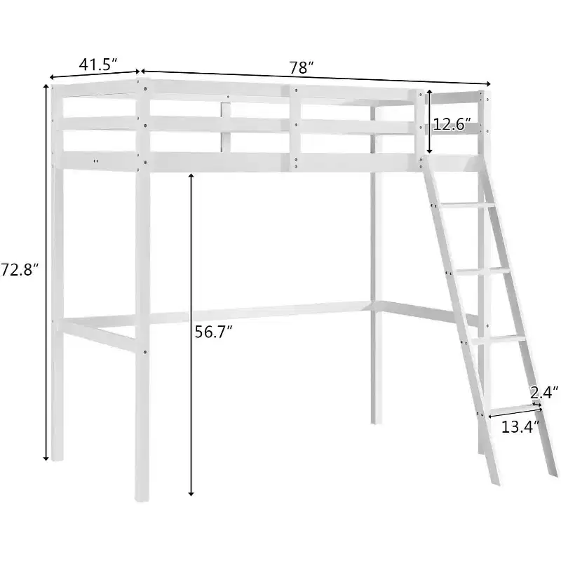 JOYMOR High Loft Bed Frame Twin Wooden Loft Bed for Kids, Junior, Teens, Adults Single Bed, No Box Spring Needed,White