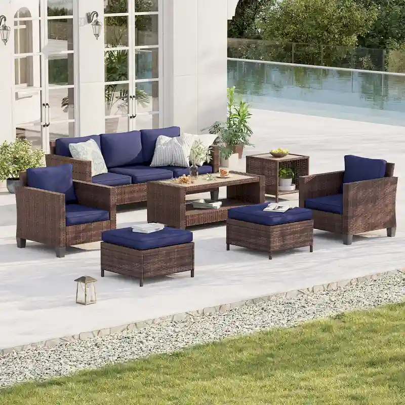 BONOSUKI Patio 7Pcs Furniture Conversation Brown Rattan 2 Side Tables