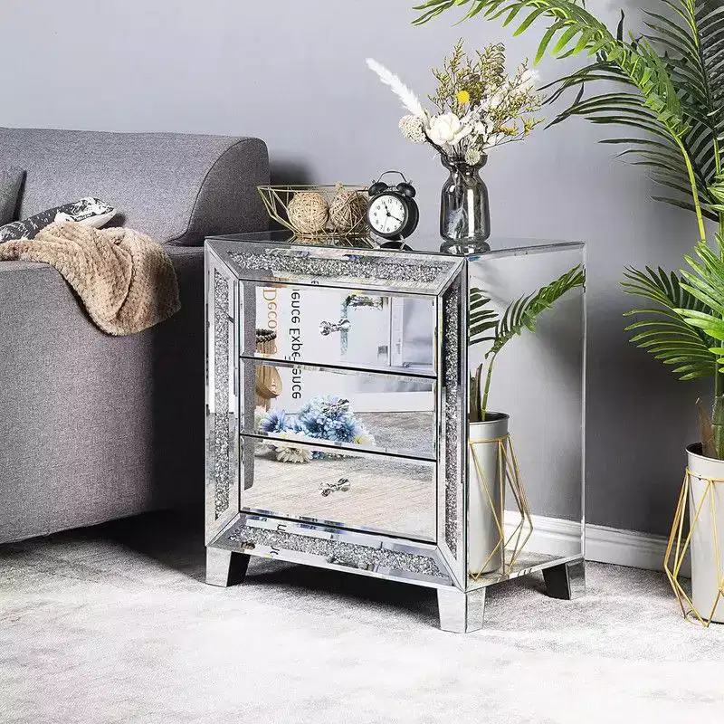 Karl Home Silver Mirrored MDF Nightstand 3 Drawers Crystal Trim 23x13.8x24.8 Inch