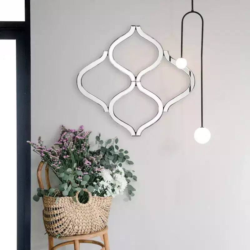 Decorative Lattice Beveled Accent Wall Mirror, Silver Wood Frame