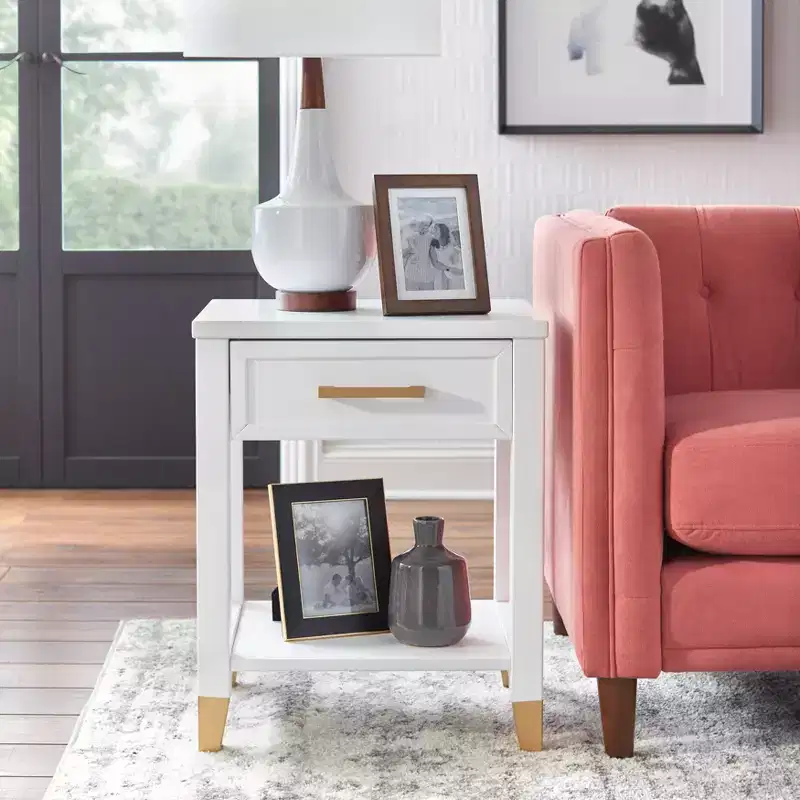 Mid-Century Style End Table with Storage Drawer and Lower Shelf, White
