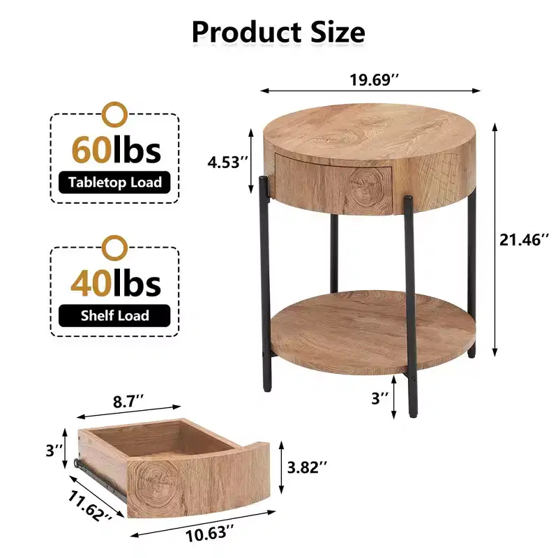 19.69 Coffee Table with Drawer Circle End Tables Wooden Bedside Table Metal Frame for Living Room, Bedroom and Small Spaces