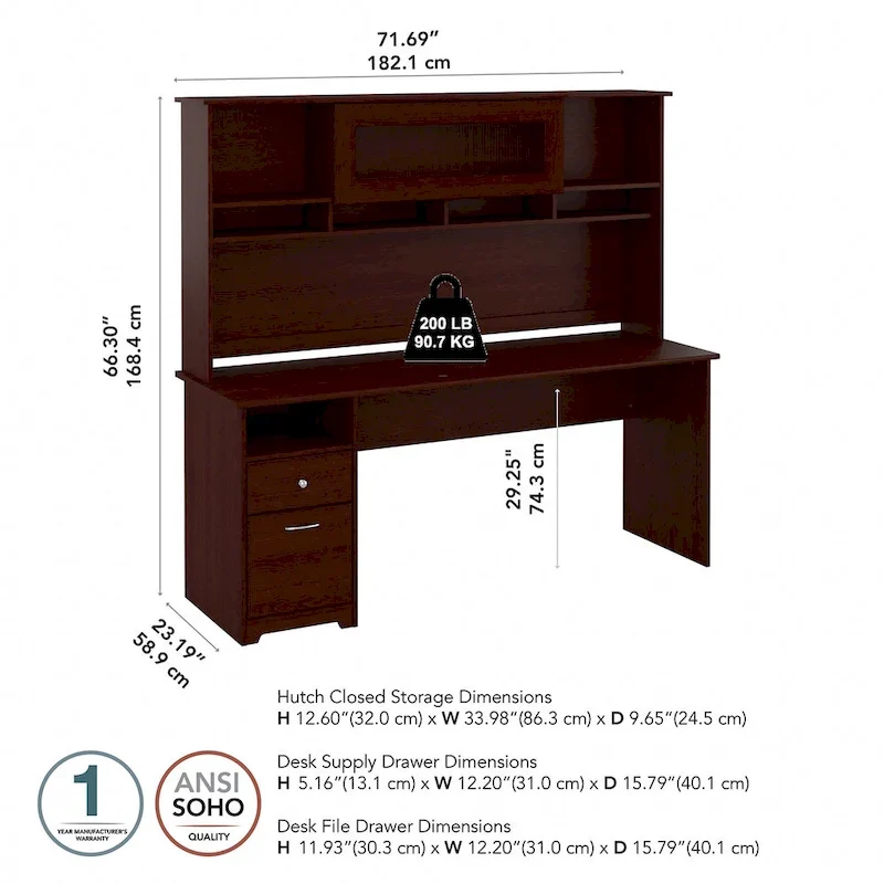72W Computer Desk with Hutch and Drawers by
