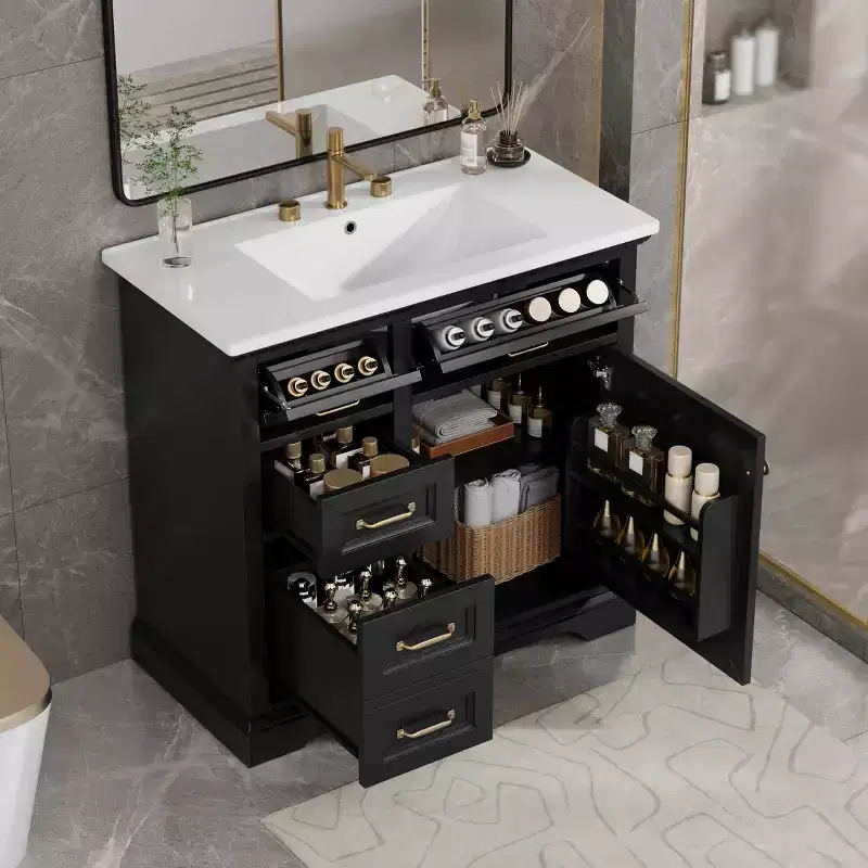 36 Bathroom Vanity Ceramic Sink Top 4 Drawers 1 Soft-Close Door Freestanding Metal Handles Black