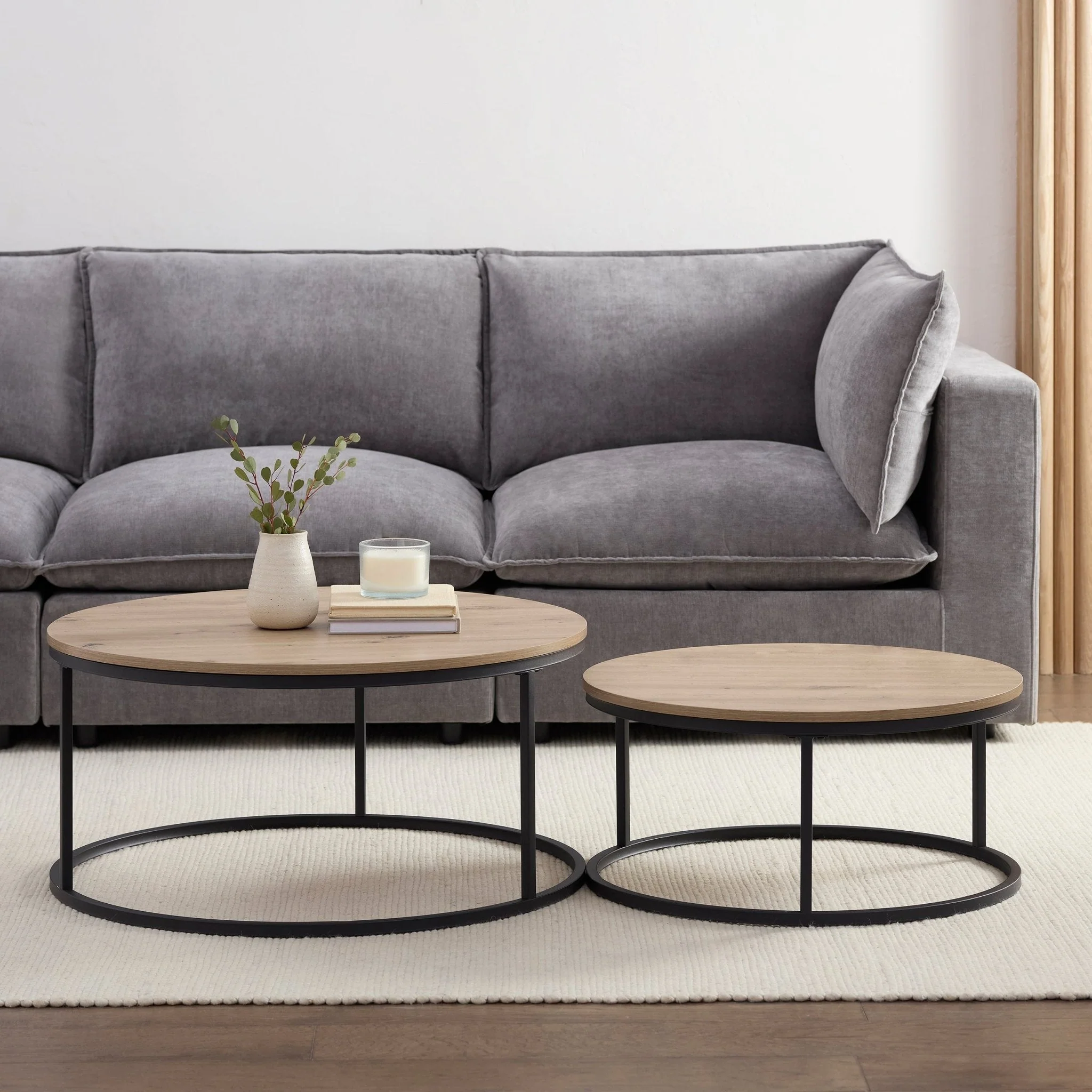 Modern Natural Wood Effect Coffee Table with Black Metal Legs for Living Room