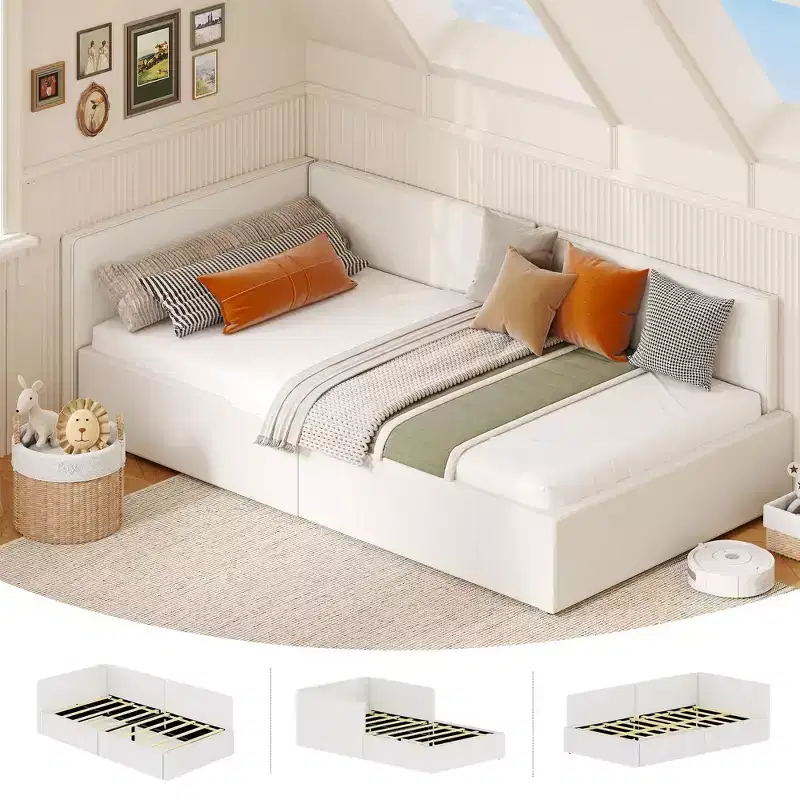 Twin Corner Sofa Bed Frame with Velvet Upholstered Headboard, Daybed with Adjustable Guardrail for Kids, Boys, Girls Bedroom and Guest Room