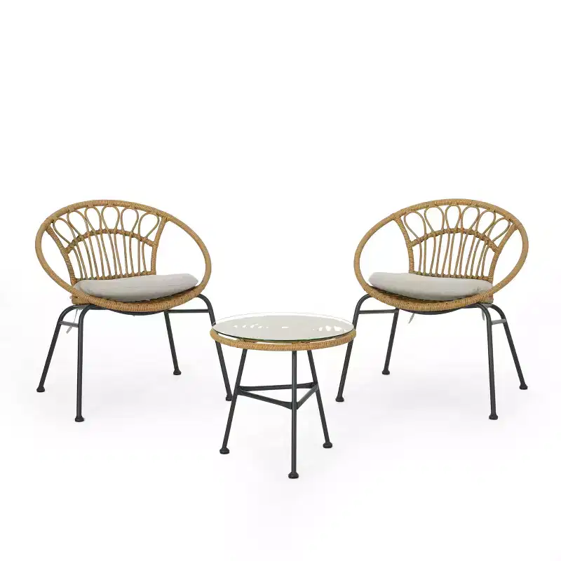 Christopher Knight Home Banya Outdoor Wicker and Iron 3 Piece Chat Set with Tempered Glass Table, Light Brown/Beige