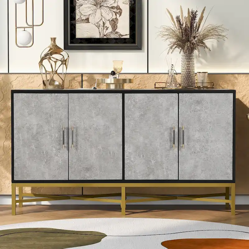 Distinctive Features of Four-Door Sideboard with Metal and Cross-Leg Design,Suitable for Living Rooms,Entrance and Study