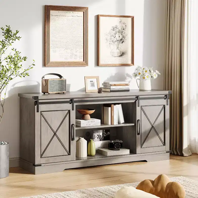 59in Farmhouse TV Stand for TVs Up to 65, Rustic Entertainment Center with Sliding Barn Doors, Storage Cabinets & Adjustable Shelf, Media Console