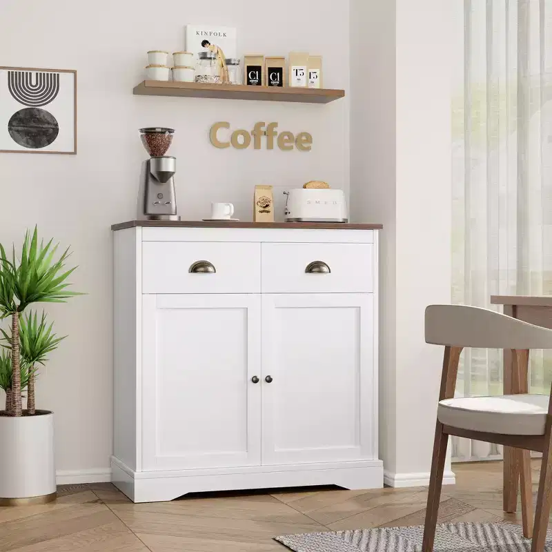 COZONY Modern Farmhouse Coffee Bar Cabinet 31.5, Kitchen Sideboard Buffet with 2 Drawers, Double Door Storage Cabinet with Adjustable Shelf