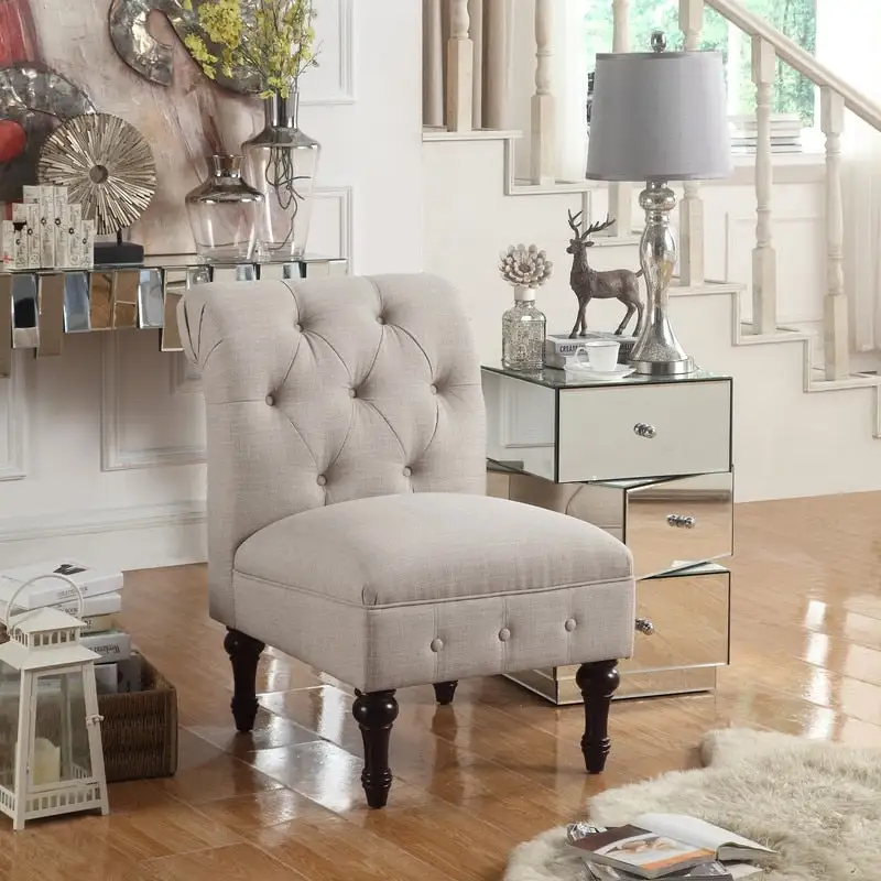 Chesterfield Armless Slipper Chair, Button-Tufted Upholstery, Solid Wood Legs, Living Room Accent
