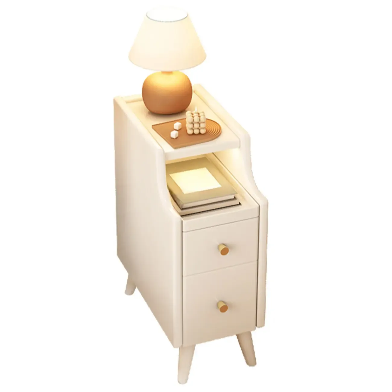 Narrow White Wood 2 Shelves Nightstand