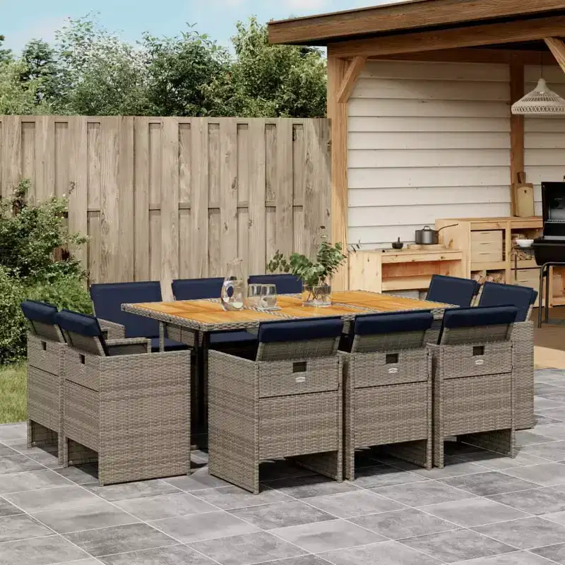 vidaXL Patio Dining Set Set of 10 Gray PE Rattan Large Collapsible