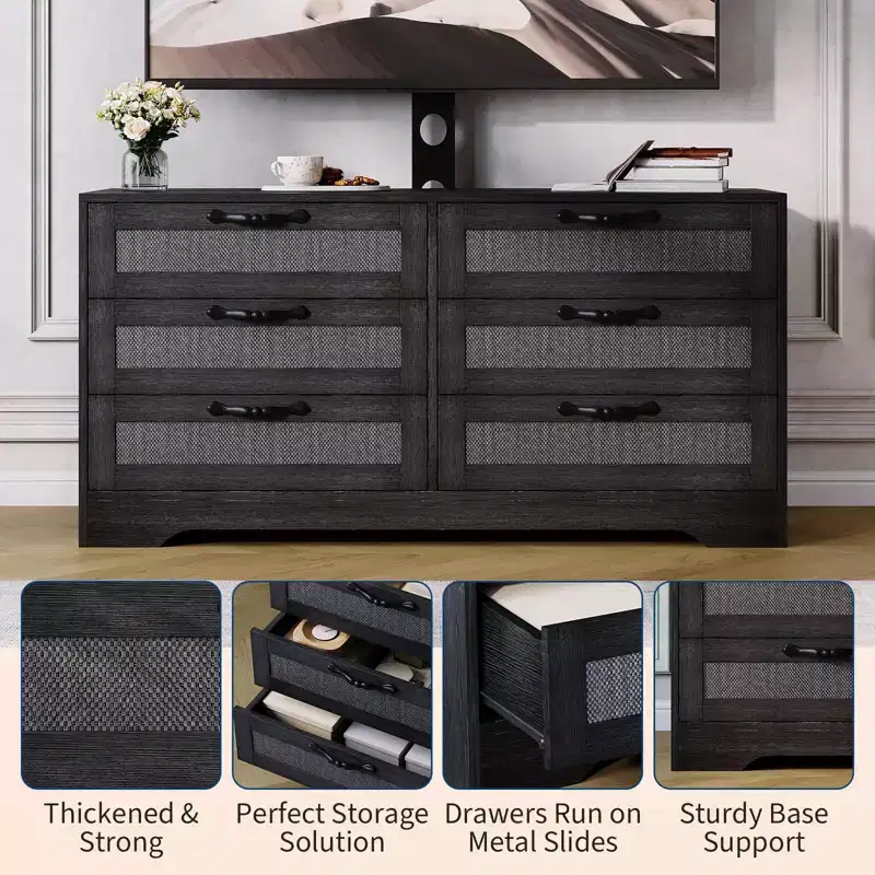 Wood & Rattan TV Stand with Mount 6-Drawer 47.2''W x 43.8''H x 15.7''D