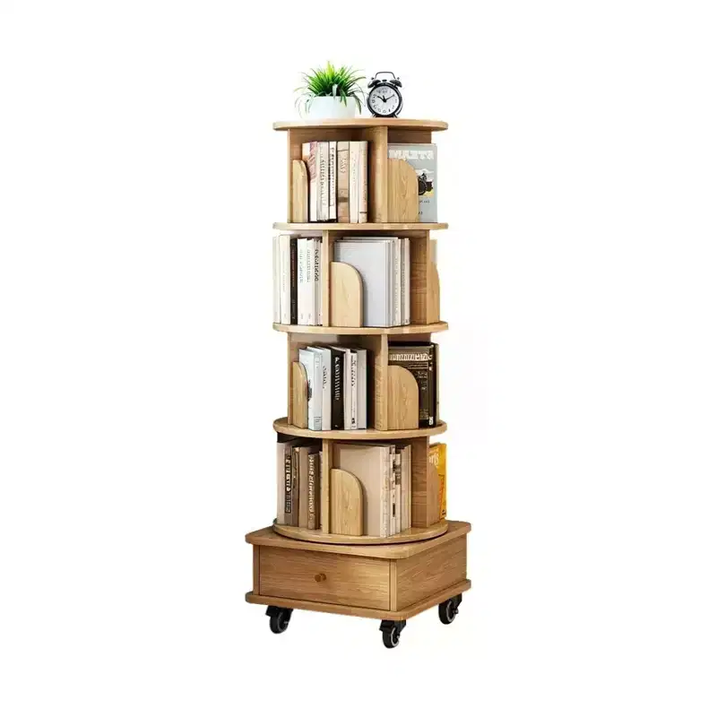 VIYET 56 5-Tier 360 Rotating Bookshelf, Oak MDF Tower w/ Wheels & Drawer (Space-Saving Storage for Home/Office)
