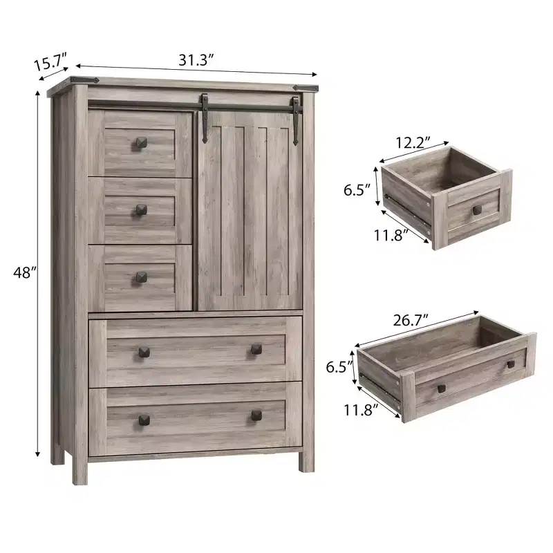 Farmhouse 5-Drawer Dresser, 48 Wood Storage Chest with Sliding Barn Door & Adjustable Shelf for Bedroom, Living Room, Hallway