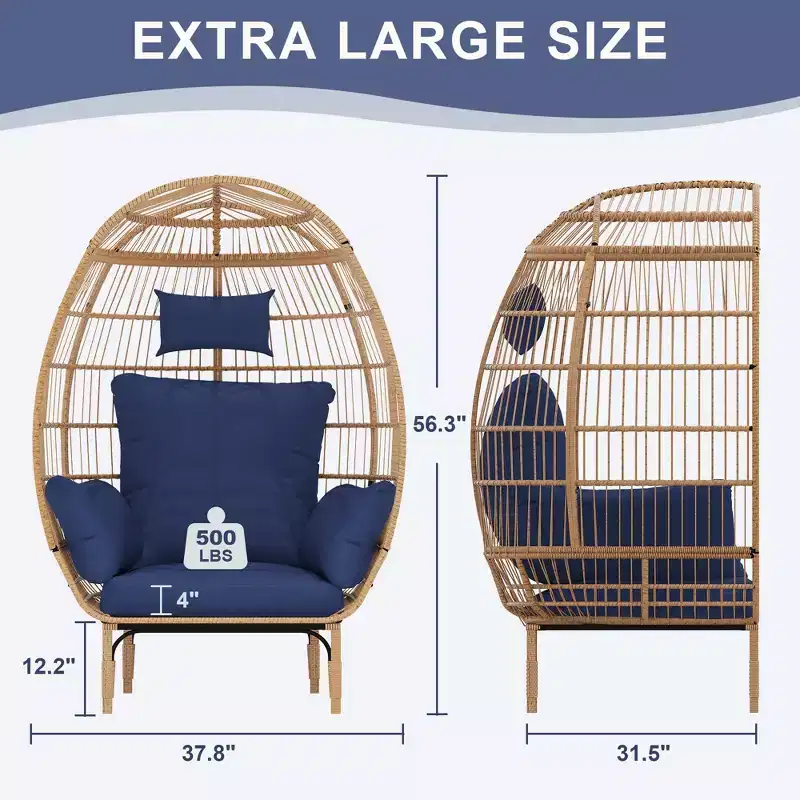 Oversized Patio Egg Chair - Handwoven PE Rattan Lounge Chair with Cushions & Extra Wide Seat for Indoor/Outdoor Use on Patio, Balcony & Living Room