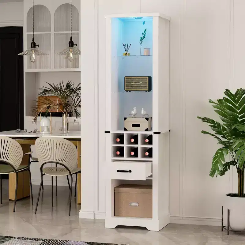 75 Inch Tall Storage Cabinet with LED Light, Farmhouse Pantry Cabinet with Tempered Glass Adjustable Shelves, Wine Storage Rack