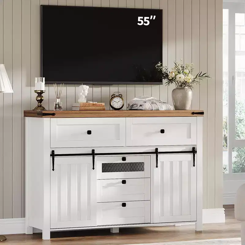 Farmhouse Buffet Cabinet, Sideboard Storage Cabinet with 5 Drawers and Sliding Barn Doors, Wood Coffee Bar Table with Adjustable Shelf