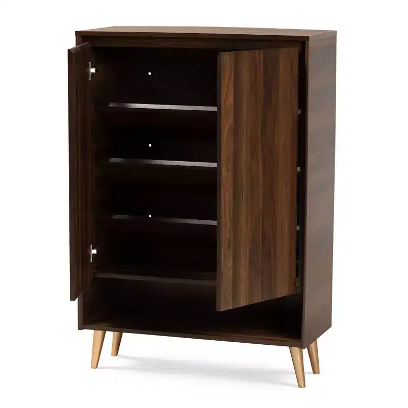 Landen Mid - Century Modern 2 Doors Shoe Storage Cabinet Walnut/Brown/Gold - Baxton Studio: MDF Entryway Organizer, Holds 4 Pairs