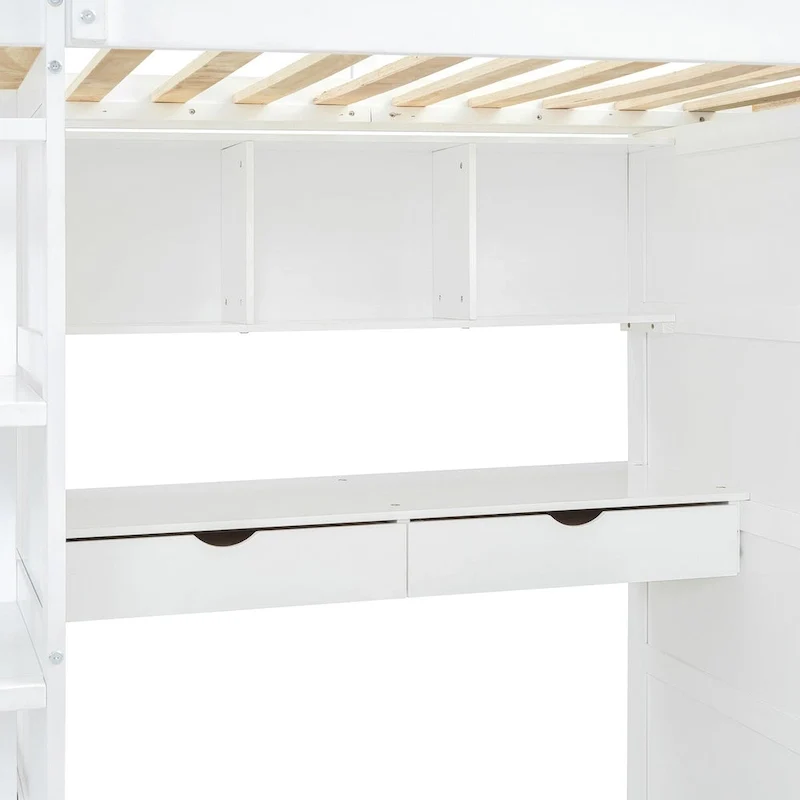 Loft Bed with Desk, Wardrobes, 4 Drawers and 4 Shelves