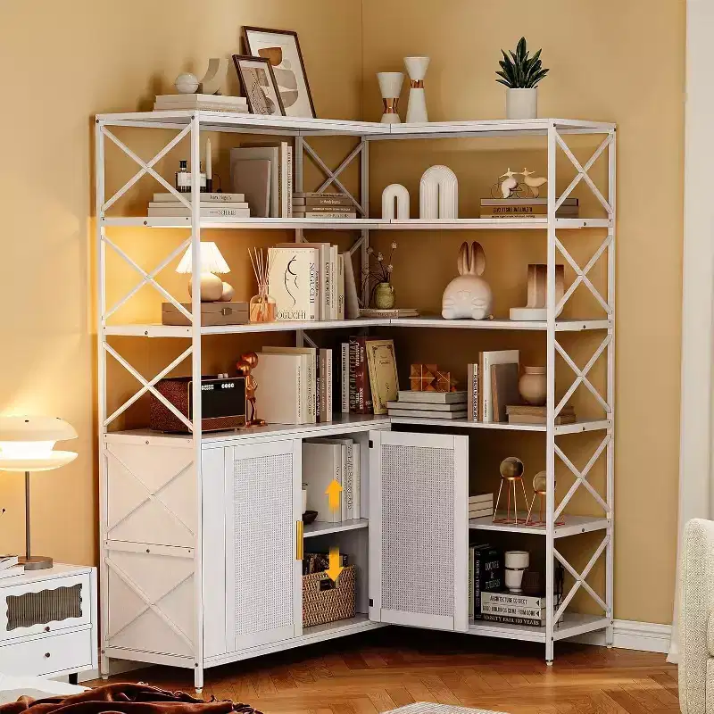 Farmhouse Corner Bookshelf,6-Tier L-Shaped Storage Shelf with Cabinet