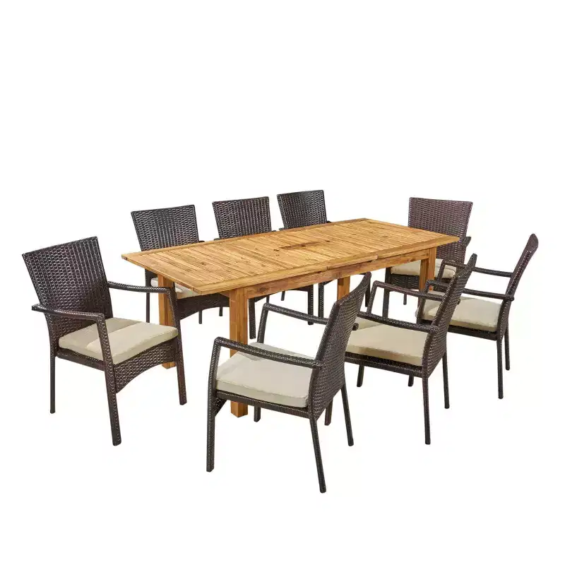 Davenport 9pc Wood & Wicker Expandable Dining Set: Acacia Frame, PE Rattan - Christopher Knight Home